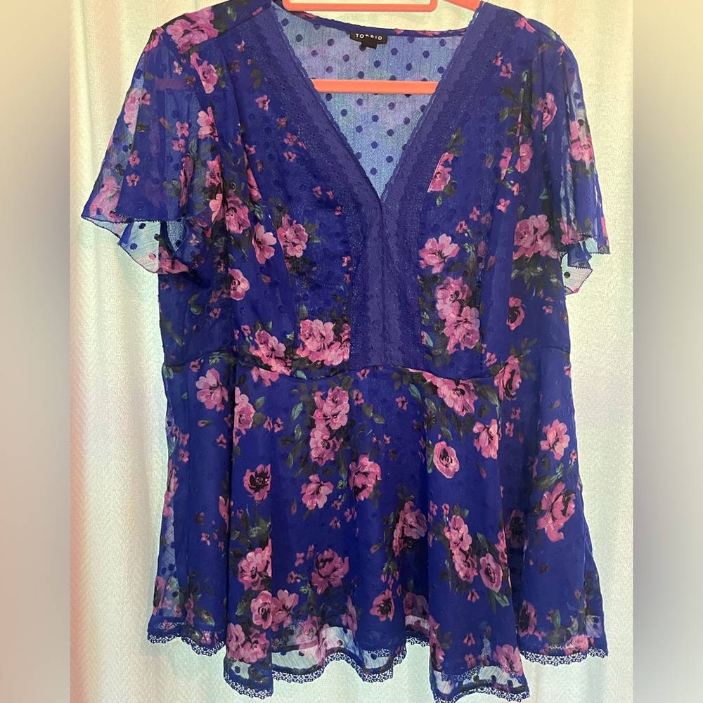 Torrid Blue Floral V-Neck Blouse
